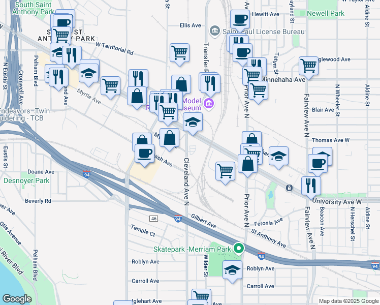 map of restaurants, bars, coffee shops, grocery stores, and more near 550 Cleveland Avenue North in Saint Paul