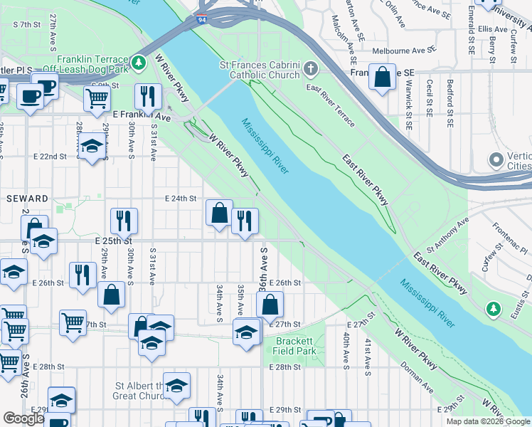 map of restaurants, bars, coffee shops, grocery stores, and more near 2420 Seabury Avenue in Minneapolis