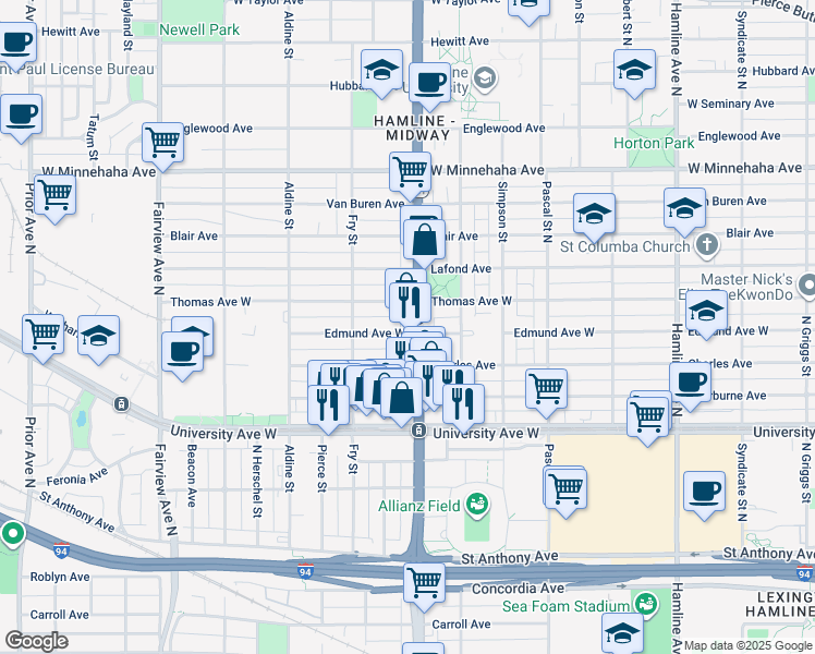 map of restaurants, bars, coffee shops, grocery stores, and more near 1600 Edmund Avenue West in Saint Paul