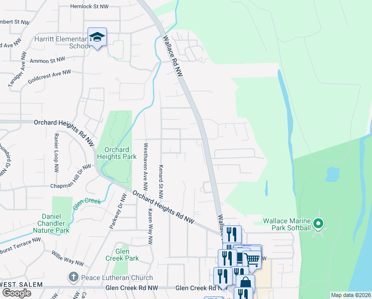 map of restaurants, bars, coffee shops, grocery stores, and more near 887 George Street Northwest in Salem
