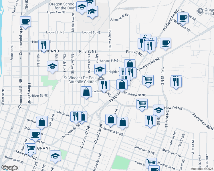 map of restaurants, bars, coffee shops, grocery stores, and more near 1100 Academy Street Northeast in Salem