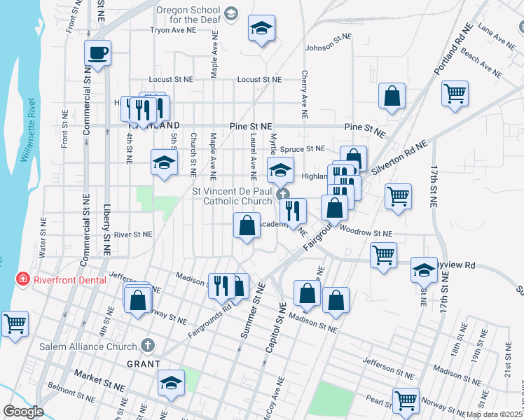 map of restaurants, bars, coffee shops, grocery stores, and more near 908 Academy Street Northeast in Salem