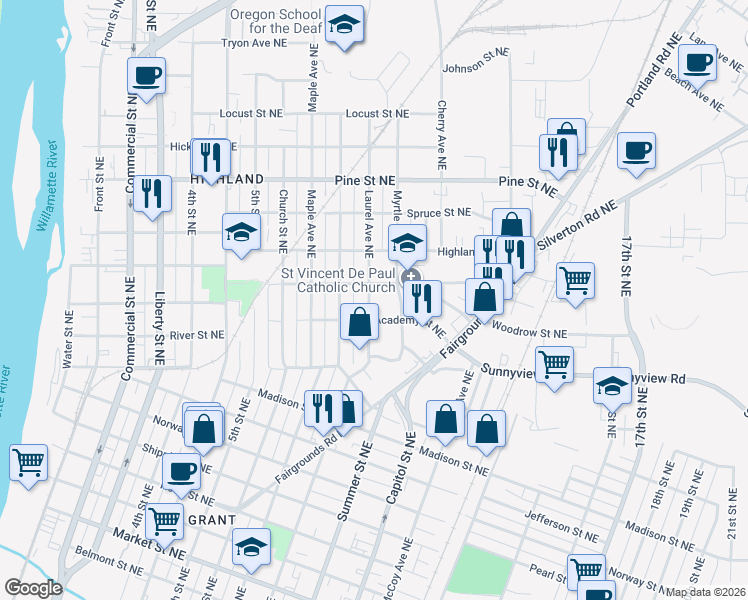 map of restaurants, bars, coffee shops, grocery stores, and more near 908 Academy Street Northeast in Salem