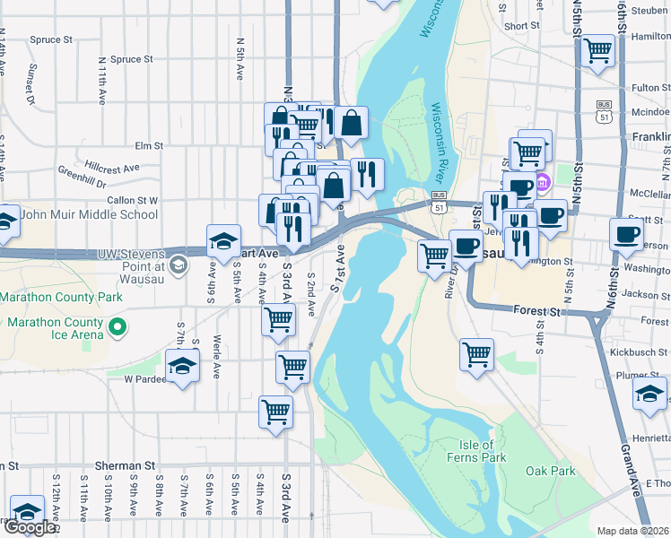 map of restaurants, bars, coffee shops, grocery stores, and more near 532 South 1st Avenue in Wausau