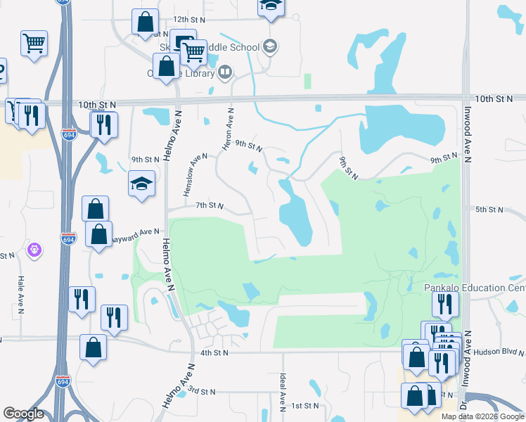 map of restaurants, bars, coffee shops, grocery stores, and more near 683 Heron Circle North in Oakdale