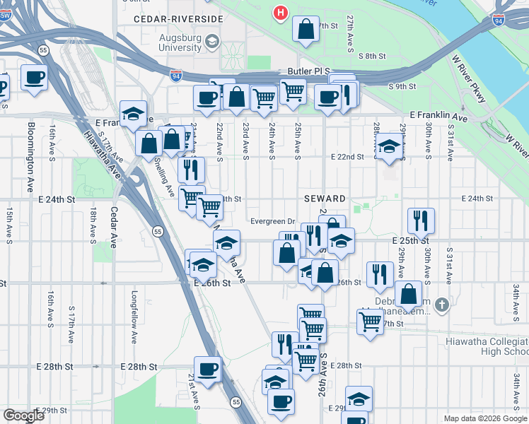 map of restaurants, bars, coffee shops, grocery stores, and more near 2300 East 25th Street in Minneapolis