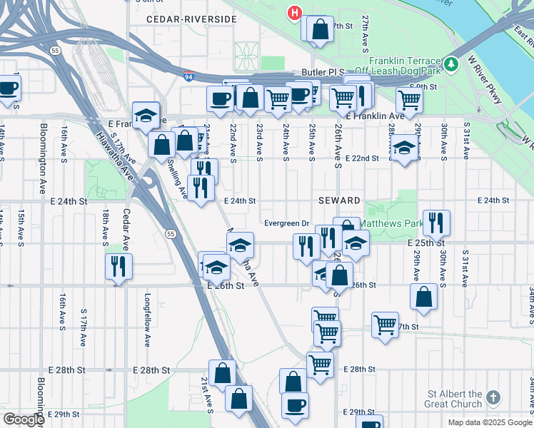 map of restaurants, bars, coffee shops, grocery stores, and more near 2300 East 25th Street in Minneapolis