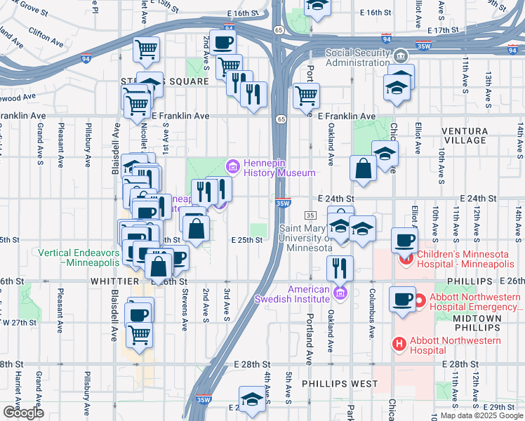map of restaurants, bars, coffee shops, grocery stores, and more near 2428 South 4th Avenue in Minneapolis