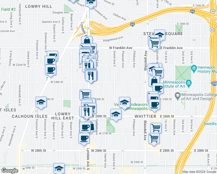 map of restaurants, bars, coffee shops, grocery stores, and more near 2435 Harriet Avenue in Minneapolis