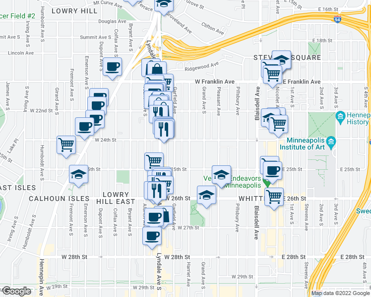 map of restaurants, bars, coffee shops, grocery stores, and more near 2437 Garfield Avenue in Minneapolis