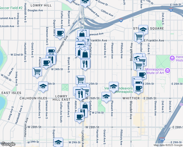 map of restaurants, bars, coffee shops, grocery stores, and more near 2437 Garfield Avenue in Minneapolis