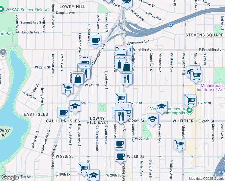 map of restaurants, bars, coffee shops, grocery stores, and more near 2432 Aldrich Avenue South in Minneapolis