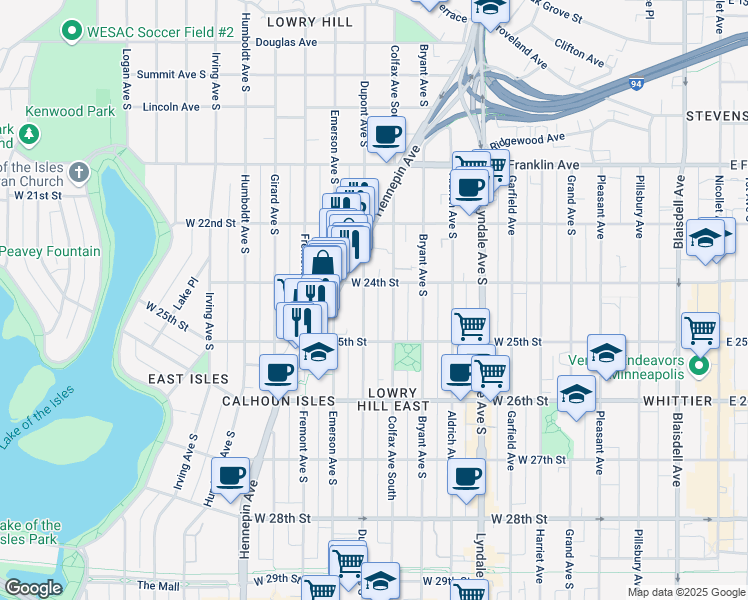 map of restaurants, bars, coffee shops, grocery stores, and more near 2434 Colfax Avenue South in Minneapolis