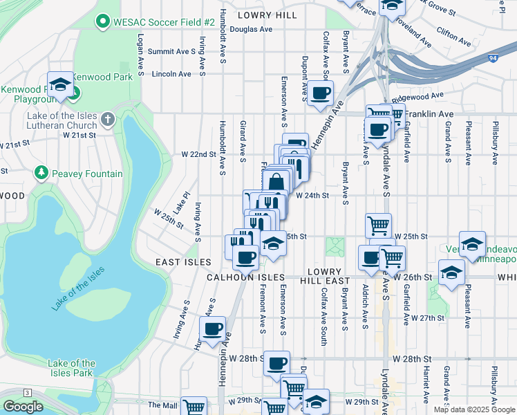 map of restaurants, bars, coffee shops, grocery stores, and more near 2448 Hennepin Avenue in Minneapolis