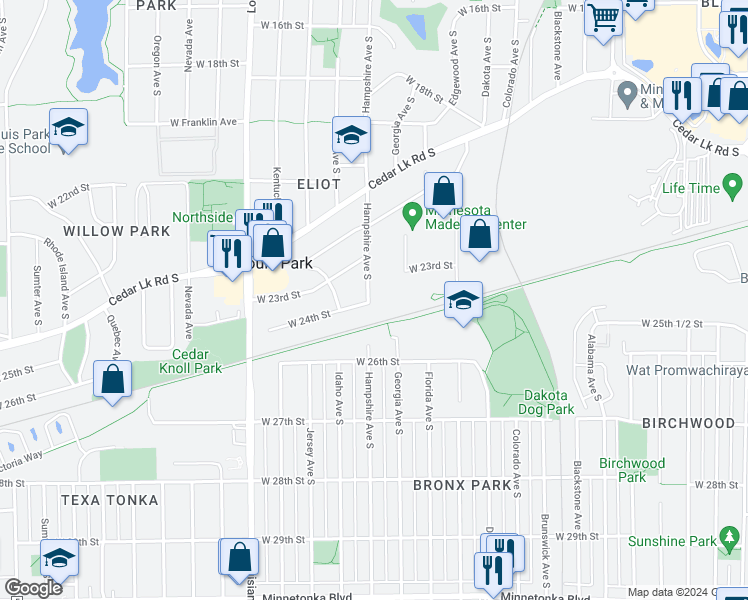 map of restaurants, bars, coffee shops, grocery stores, and more near 6805 West 24th Street in Minneapolis