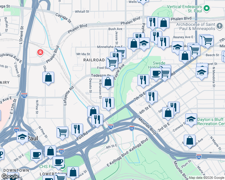 map of restaurants, bars, coffee shops, grocery stores, and more near 552 Payne Avenue in Saint Paul