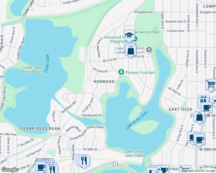 map of restaurants, bars, coffee shops, grocery stores, and more near 2504 West Lake of the Isles Parkway in Minneapolis