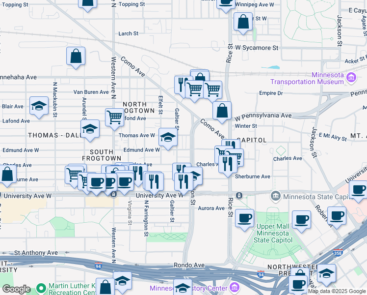 map of restaurants, bars, coffee shops, grocery stores, and more near 225 Charles Avenue in Saint Paul
