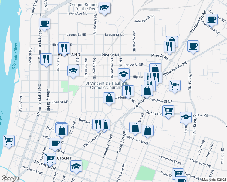 map of restaurants, bars, coffee shops, grocery stores, and more near 908 Academy Street Northeast in Salem