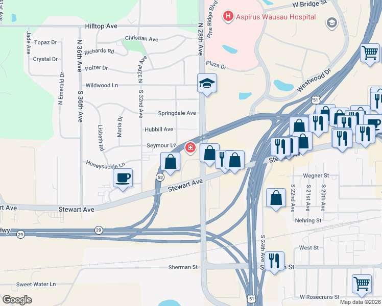 map of restaurants, bars, coffee shops, grocery stores, and more near 512 South 28th Avenue in Wausau