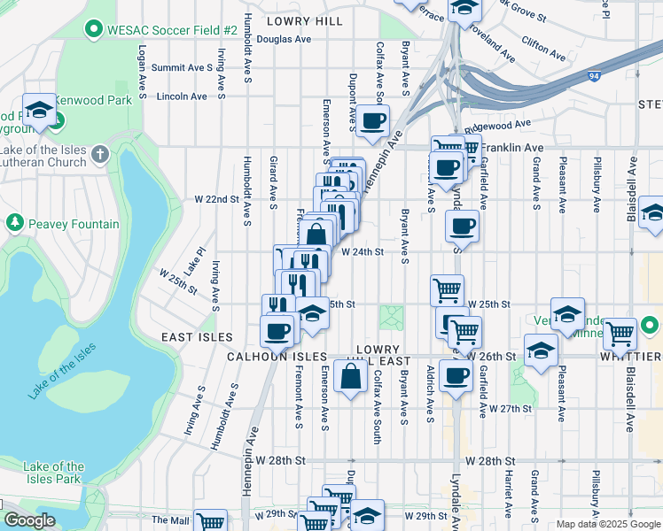 map of restaurants, bars, coffee shops, grocery stores, and more near 2429 Emerson Avenue South in Minneapolis