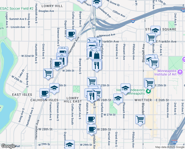 map of restaurants, bars, coffee shops, grocery stores, and more near 2437 Lyndale Avenue South in Minneapolis