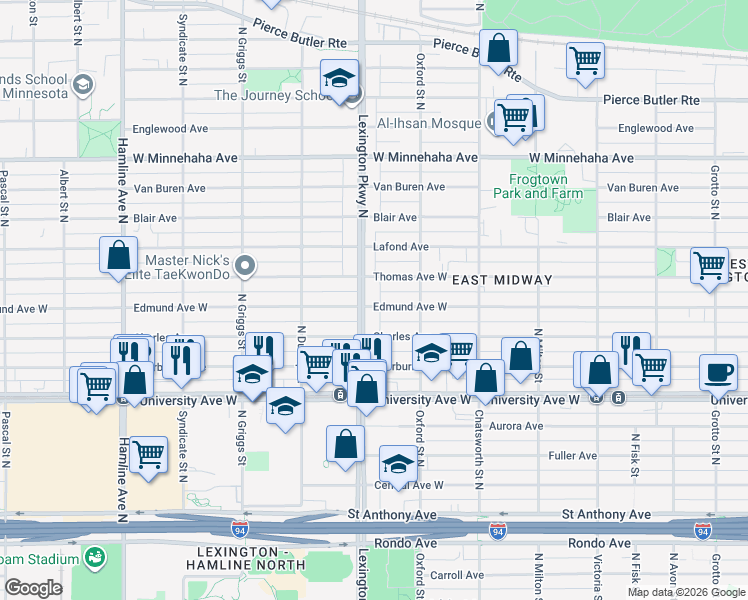 map of restaurants, bars, coffee shops, grocery stores, and more near 1071 Charles Avenue in Saint Paul