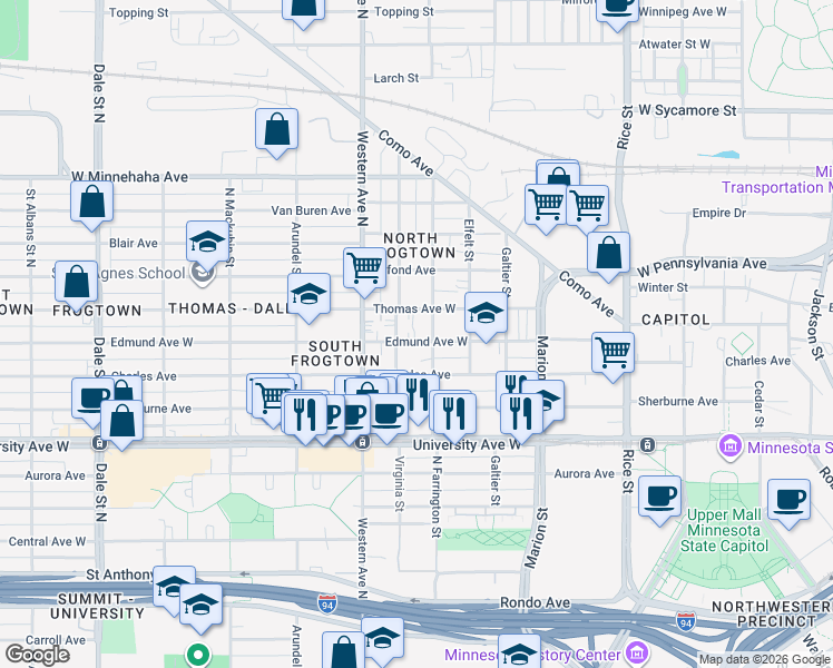 map of restaurants, bars, coffee shops, grocery stores, and more near 557 North Farrington Street in Saint Paul