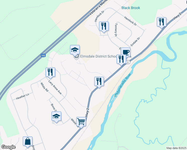 map of restaurants, bars, coffee shops, grocery stores, and more near 57 Macmillan Drive in Elmsdale