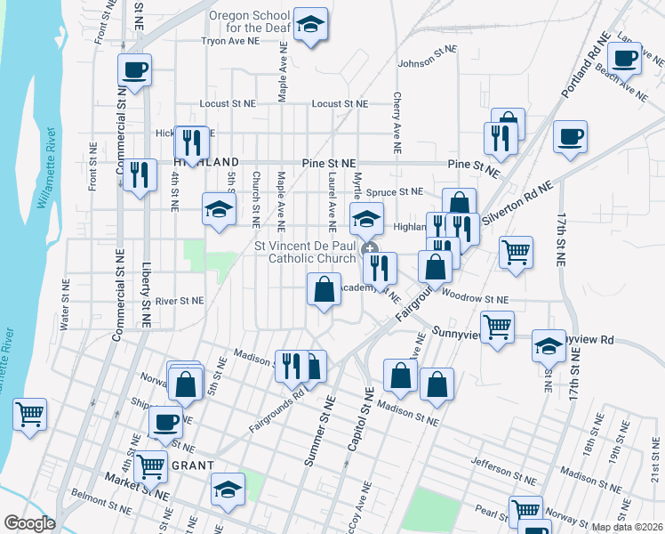 map of restaurants, bars, coffee shops, grocery stores, and more near 908 Academy Street Northeast in Salem