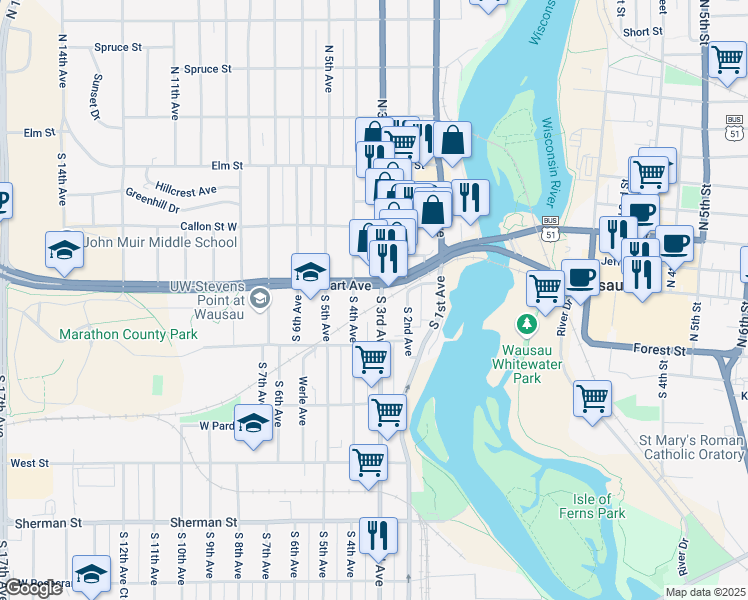 map of restaurants, bars, coffee shops, grocery stores, and more near 527 South 4th Avenue in Wausau