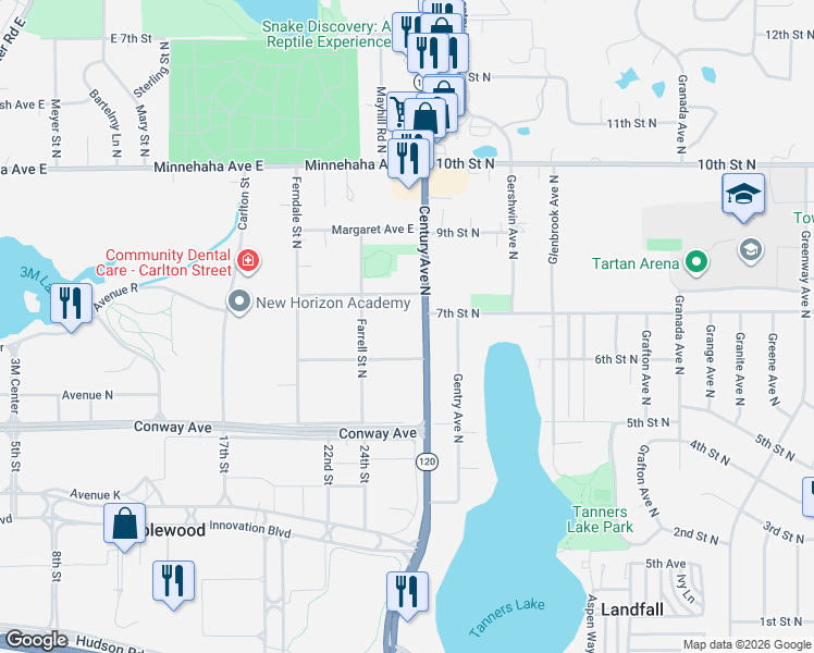 map of restaurants, bars, coffee shops, grocery stores, and more near 549 Century Avenue North in Maplewood