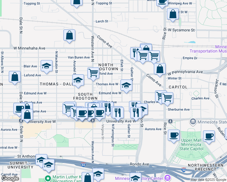 map of restaurants, bars, coffee shops, grocery stores, and more near 299 Charles Avenue in Saint Paul