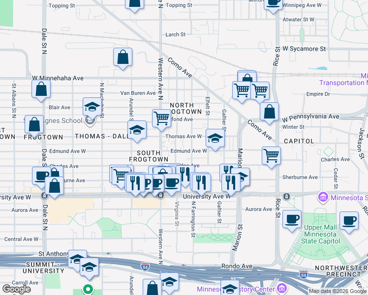 map of restaurants, bars, coffee shops, grocery stores, and more near 557 North Farrington Street in Saint Paul