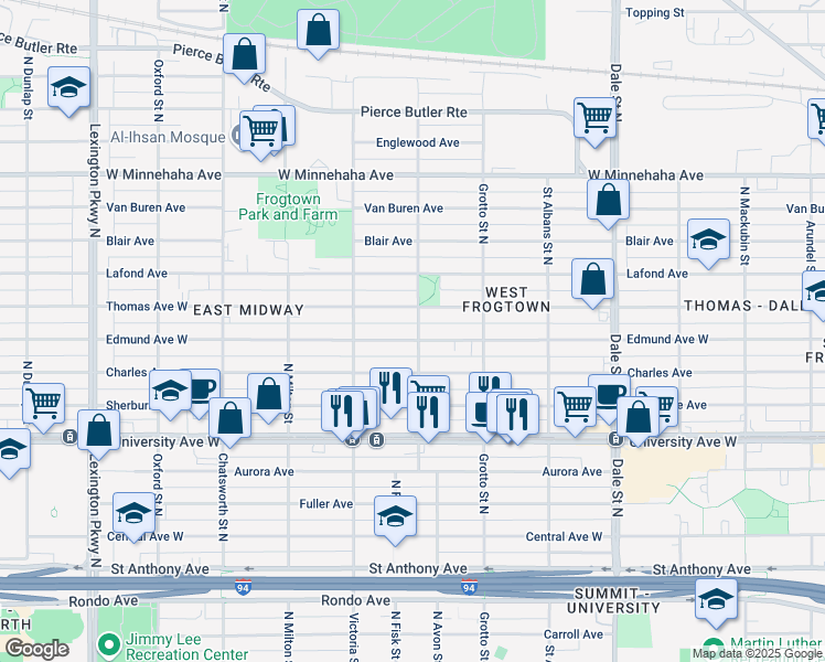 map of restaurants, bars, coffee shops, grocery stores, and more near 799 North Avon Street in Saint Paul