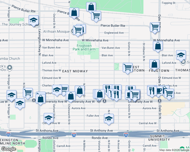 map of restaurants, bars, coffee shops, grocery stores, and more near 855 Charles Avenue in Saint Paul