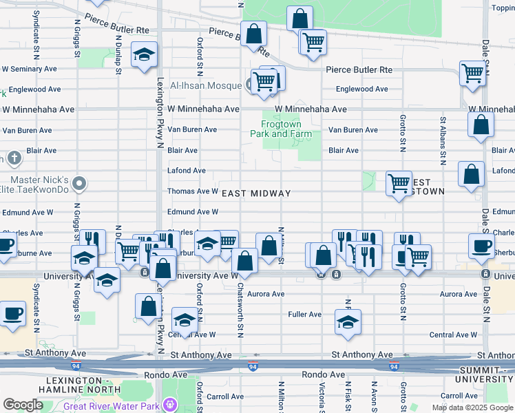 map of restaurants, bars, coffee shops, grocery stores, and more near 968 Edmund Avenue West in Saint Paul