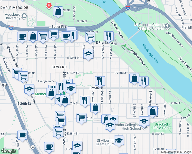map of restaurants, bars, coffee shops, grocery stores, and more near 2433 29th Avenue South in Minneapolis