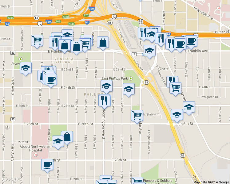 map of restaurants, bars, coffee shops, grocery stores, and more near 2430 1/2 South 17th Avenue in Minneapolis