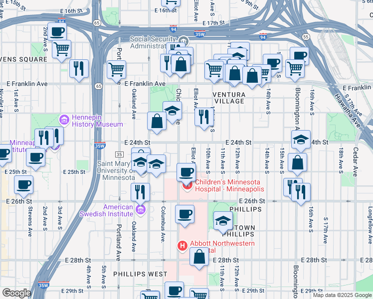 map of restaurants, bars, coffee shops, grocery stores, and more near 2434 Chicago Avenue in Minneapolis