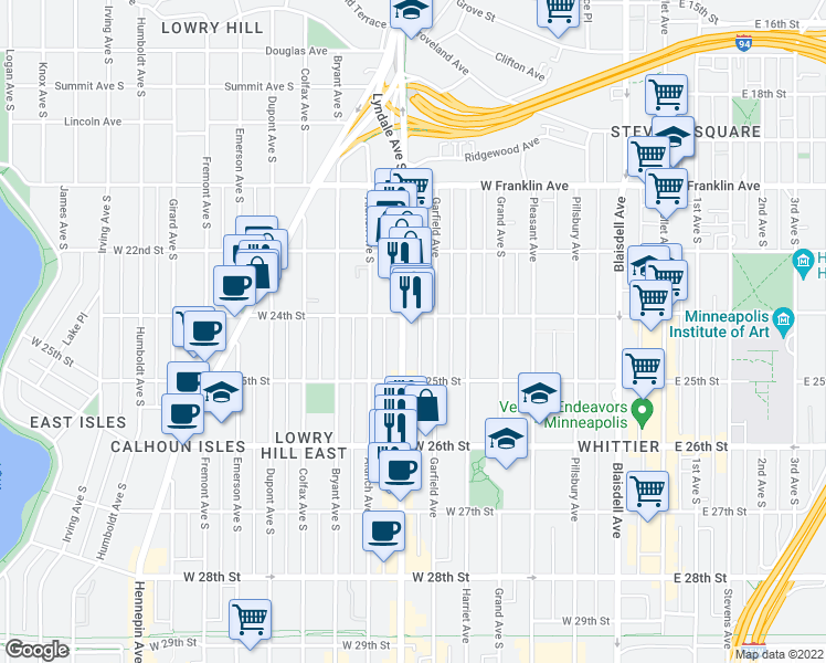 map of restaurants, bars, coffee shops, grocery stores, and more near 2437 Lyndale Avenue South in Minneapolis