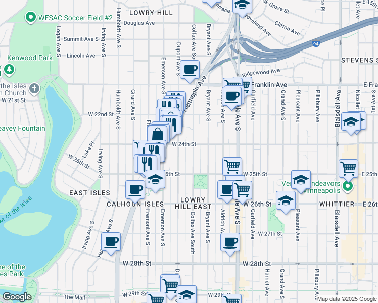 map of restaurants, bars, coffee shops, grocery stores, and more near 2434 Colfax Avenue South in Minneapolis