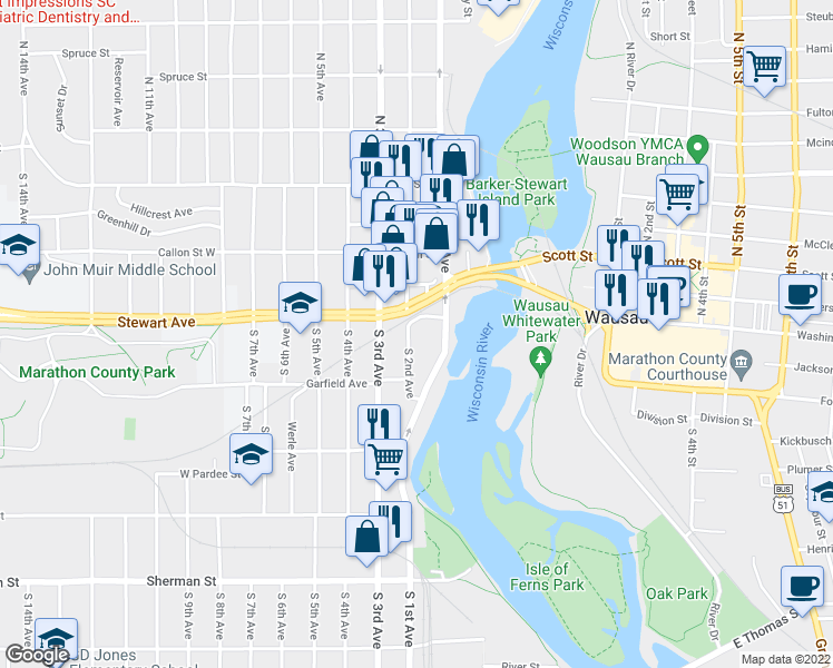 map of restaurants, bars, coffee shops, grocery stores, and more near 511 2nd Avenue South in Wausau