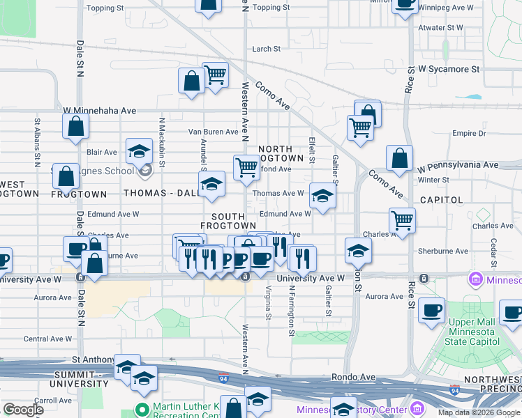 map of restaurants, bars, coffee shops, grocery stores, and more near 367 Charles Avenue in Saint Paul