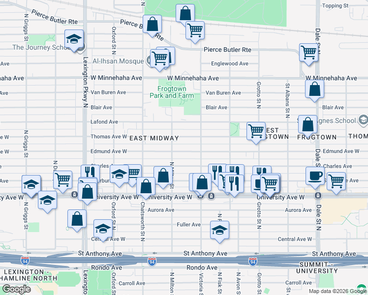 map of restaurants, bars, coffee shops, grocery stores, and more near 899 Charles Avenue in Saint Paul