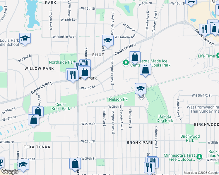 map of restaurants, bars, coffee shops, grocery stores, and more near 6805 West 24th Street in Minneapolis