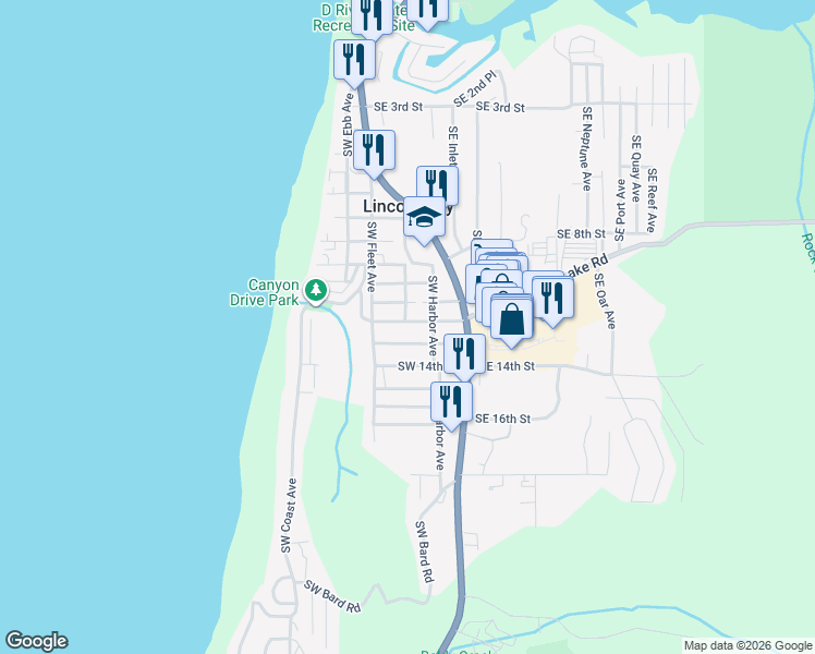map of restaurants, bars, coffee shops, grocery stores, and more near 1150 Southwest 13th Street in Lincoln City