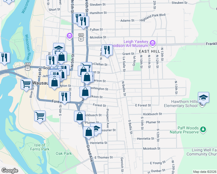 map of restaurants, bars, coffee shops, grocery stores, and more near 724 Washington Street in Wausau
