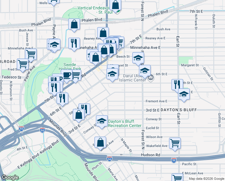 map of restaurants, bars, coffee shops, grocery stores, and more near 851 Fremont Avenue East in Saint Paul