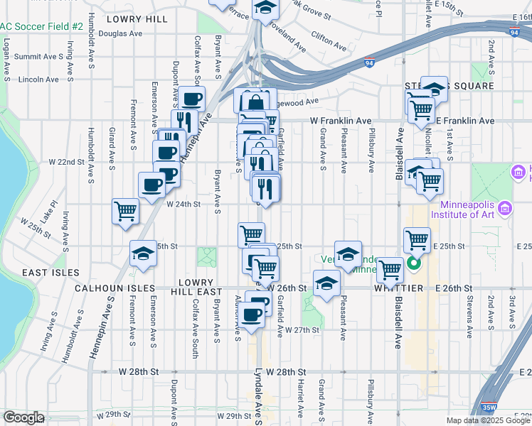 map of restaurants, bars, coffee shops, grocery stores, and more near 2407 Lyndale Avenue South in Minneapolis